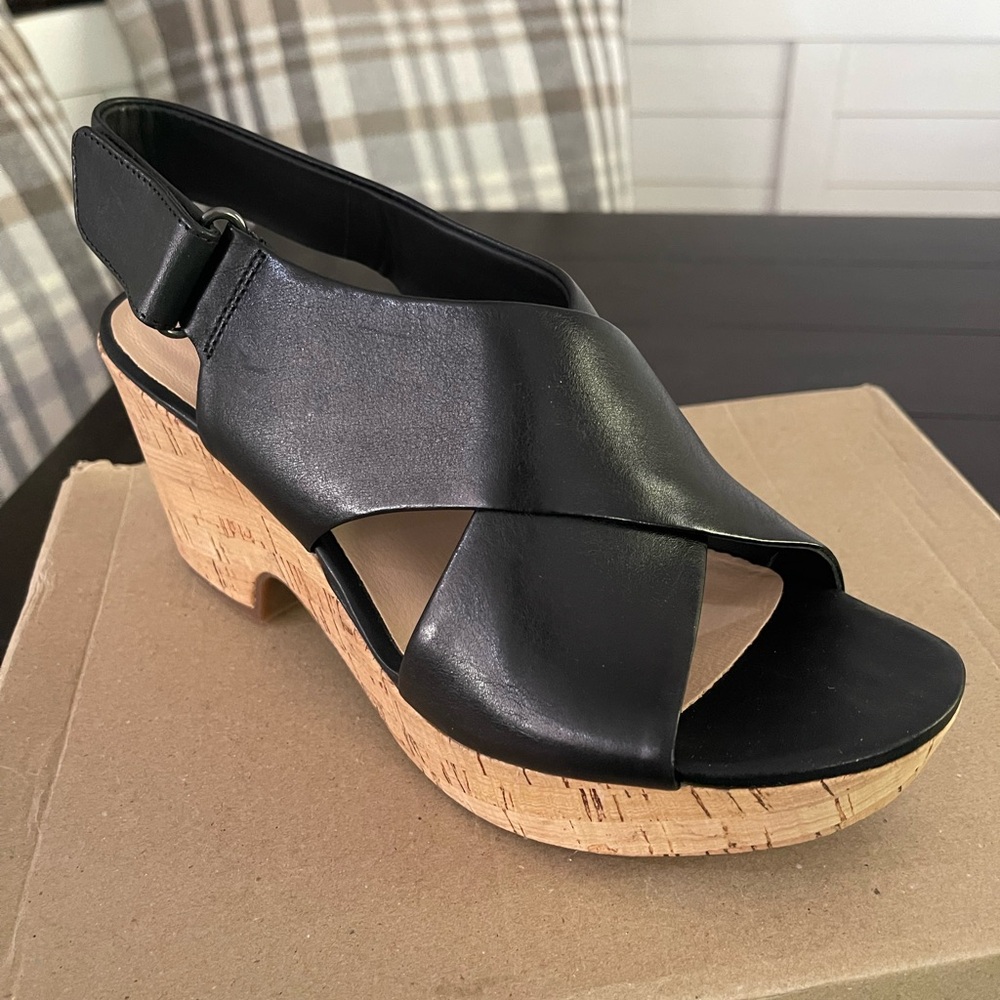 Clarks Black Leather Cork Wedge Sandals
